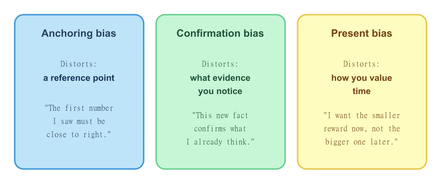 A comparison of anchoring bias, confirmation bias, and present bias showing what each one distorts A comparison of anchoring bias, confirmation bias, and present bias showing what each one distorts